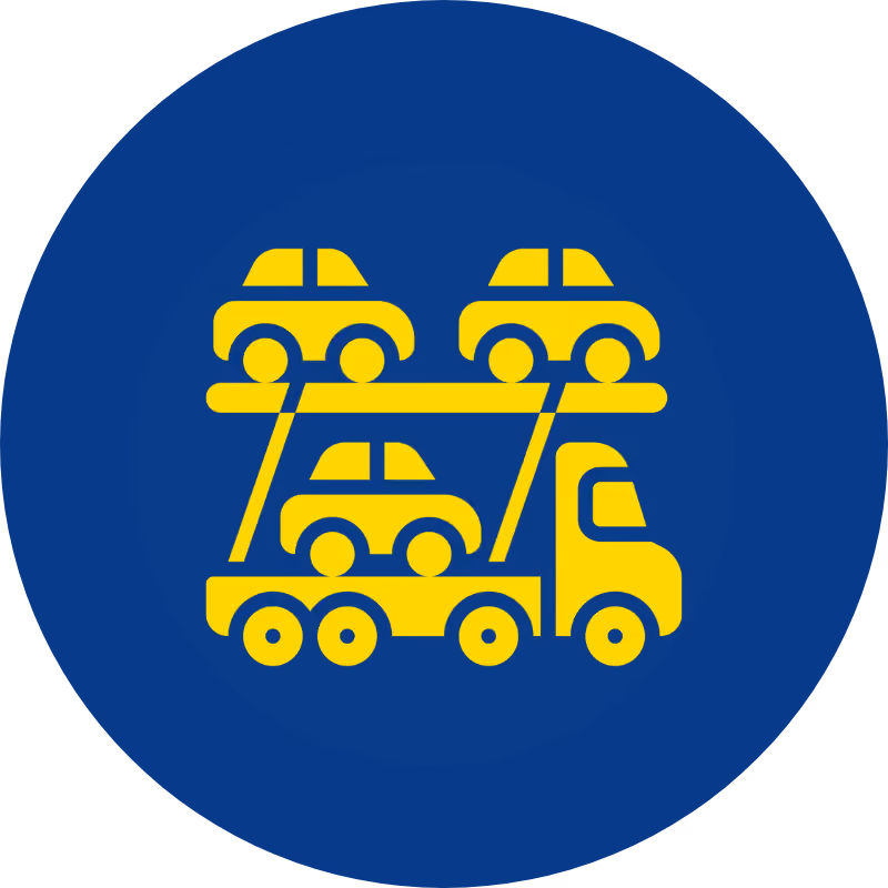 Yellow car carrier truck icon with three cars on a blue circular background.