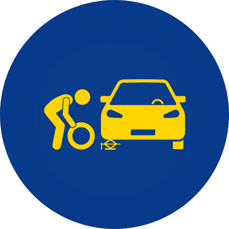 Yellow icon of person changing car tire with jack on blue circular background.