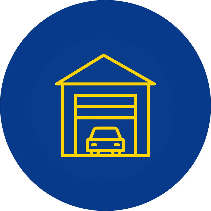 Yellow outline of a car inside a garage on a blue circular background.