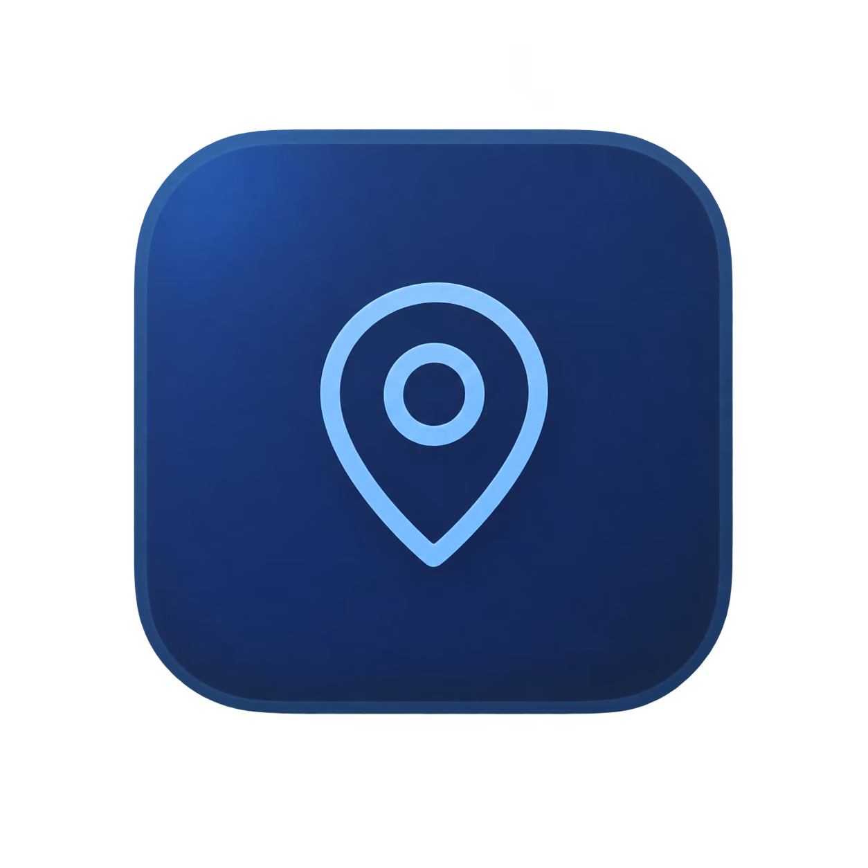 Blue rounded square button with a light blue location pin icon in the center.