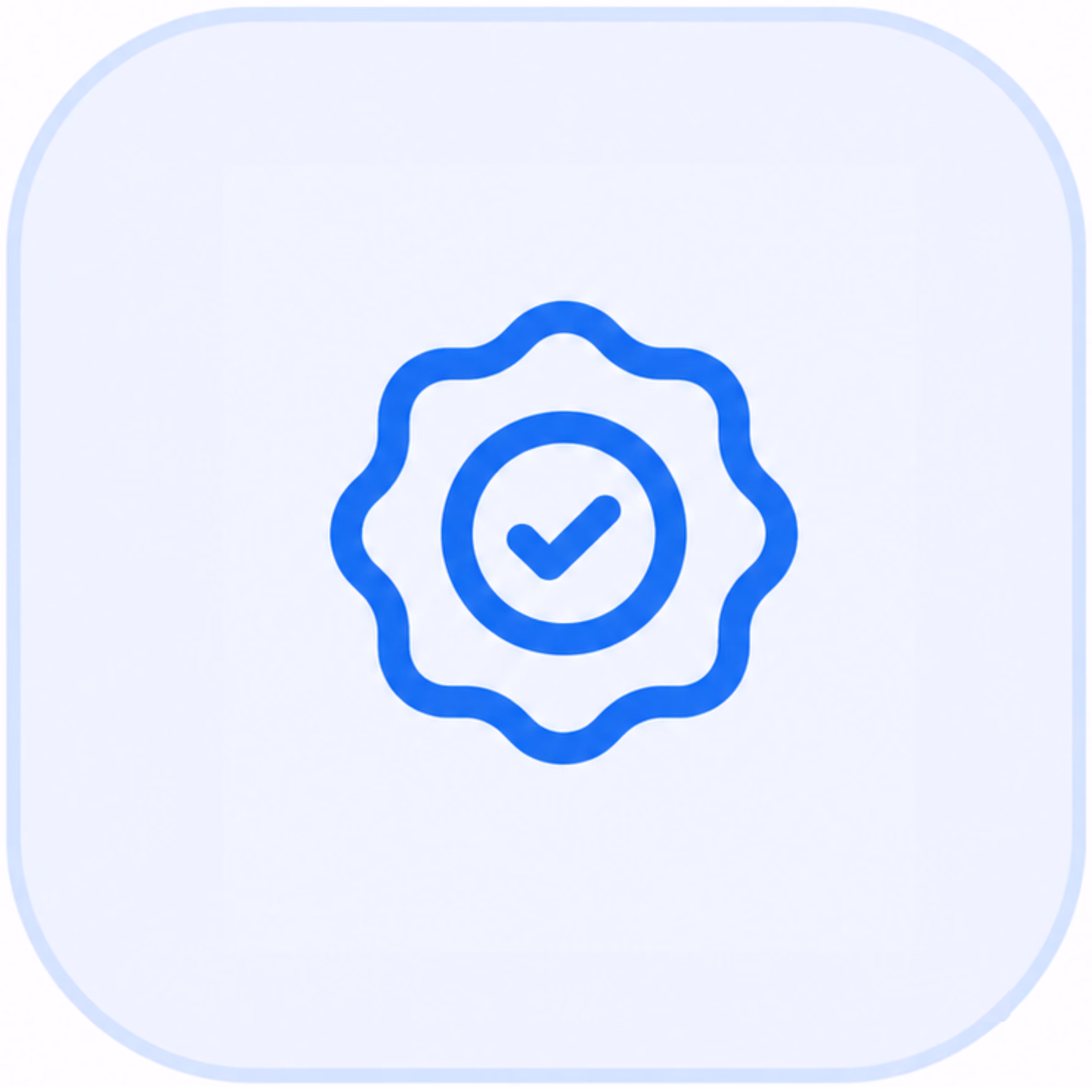 Blue badge icon with a checkmark in the center on a rounded square background.