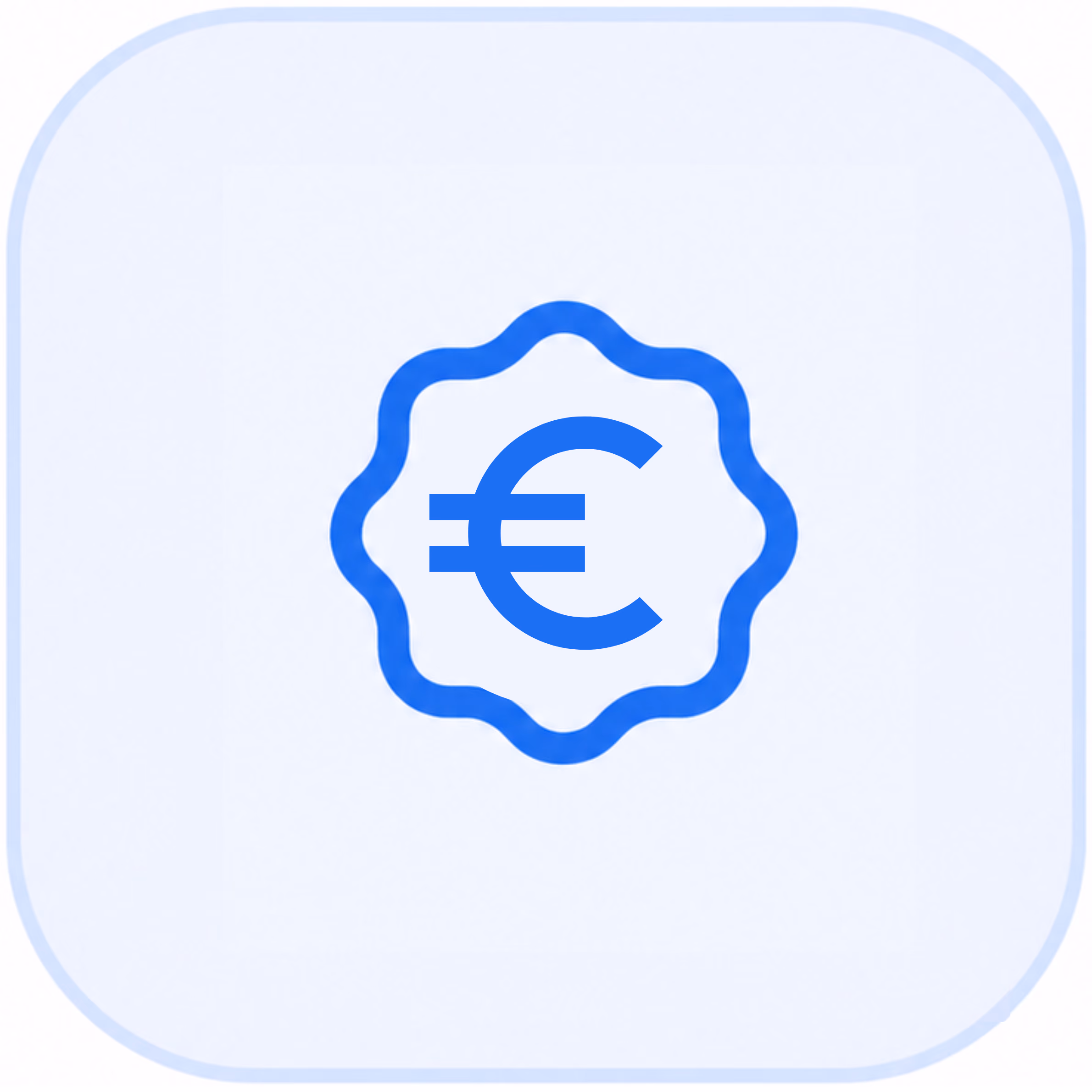 Blue Euro currency symbol inside a scalloped circle on a light rounded square background.