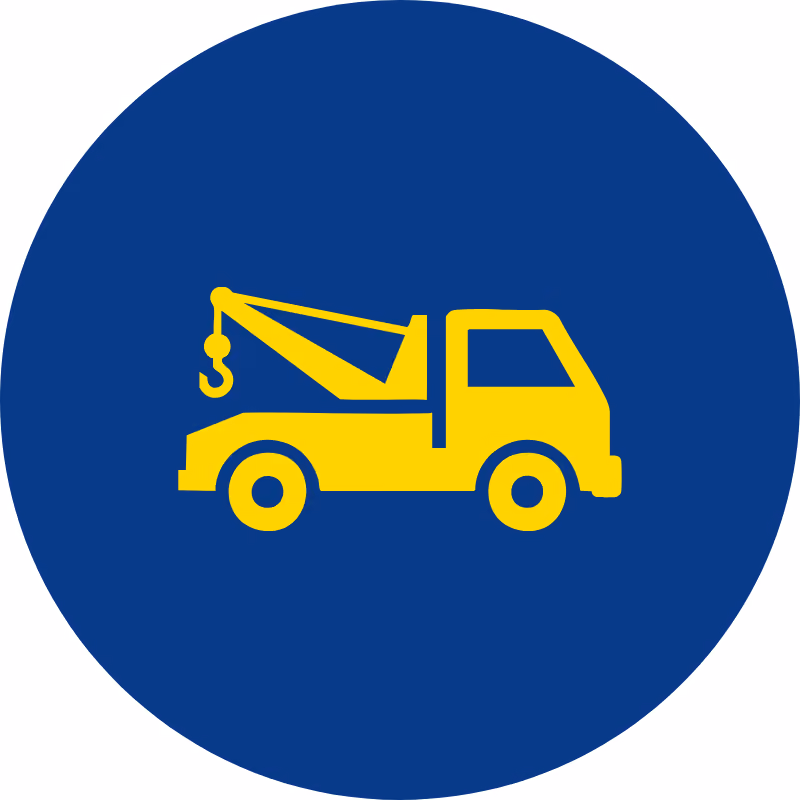 Yellow tow truck icon on a blue circular background.