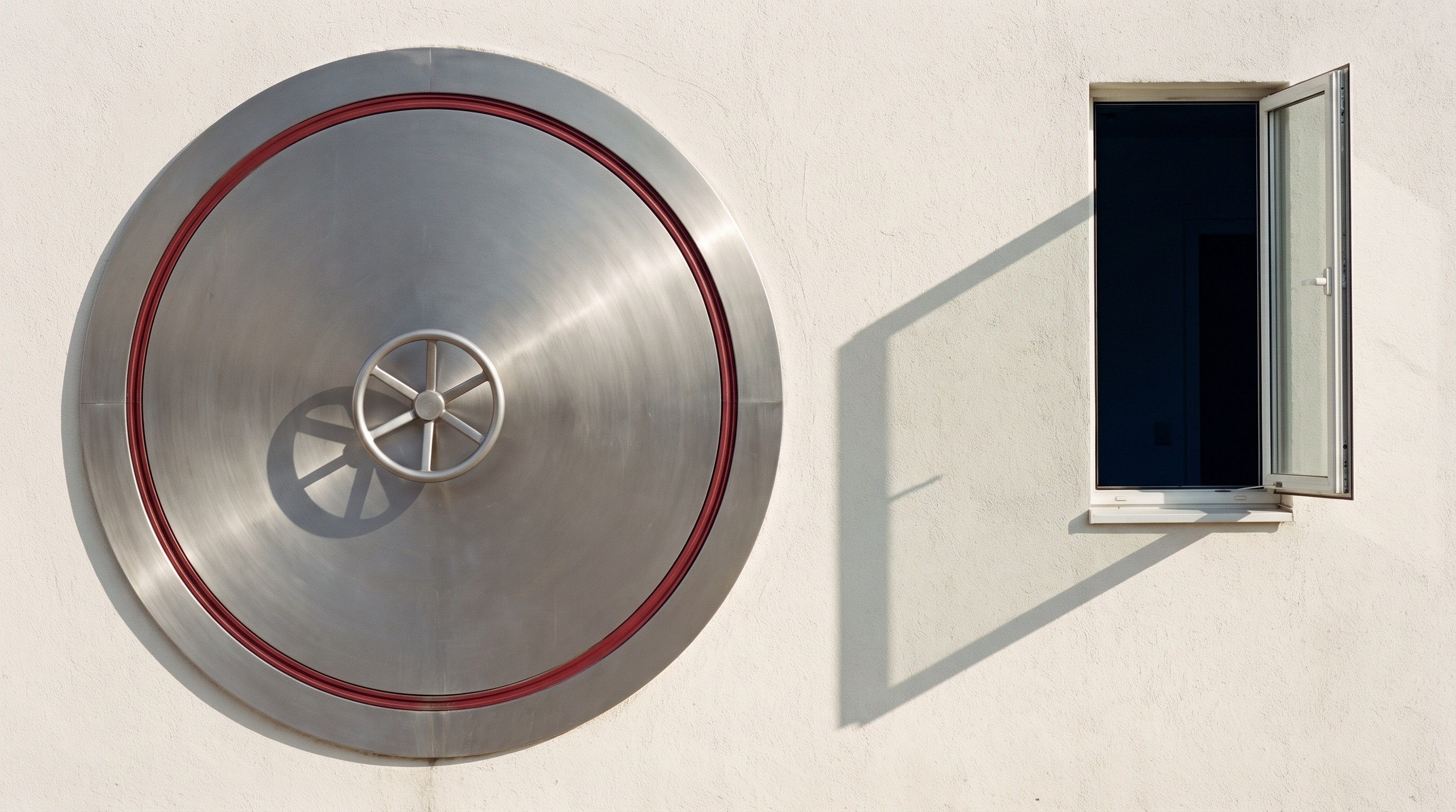 A sealed circular vault door set into a bone-white plaster wall, with a small window standing wide open in the same wall beside it.