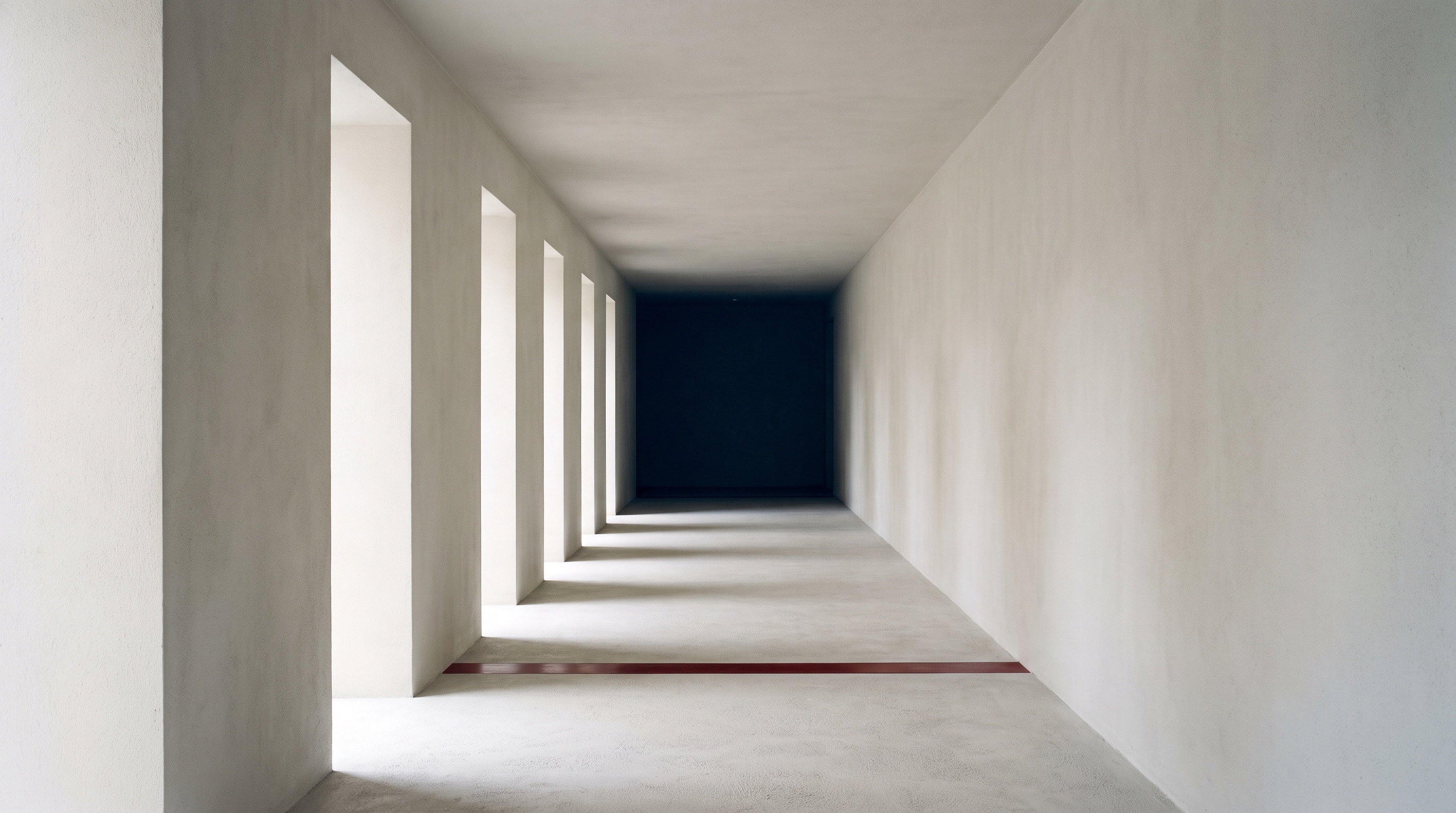 A long bone-white plaster passage receding into deep shadow, with daylight from a row of openings falling across the floor in narrowing bands and a single scarlet line inset at the threshold.