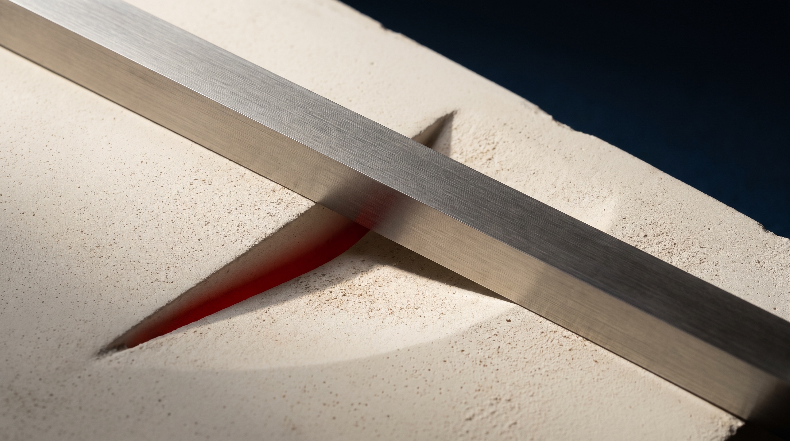 A plain steel straightedge laid across a bone-white plaster slab, with deep scarlet light showing through a narrow wedge-shaped gap where the surface falls away beneath it.