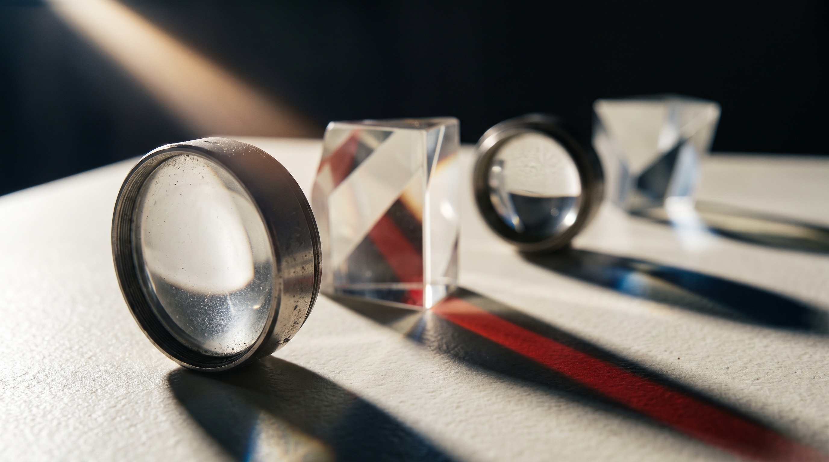 Four precision glass lenses and prisms stand in a row on a bone-white surface, each bending the same beam of light differently, one throwing a narrow scarlet band across the surface.