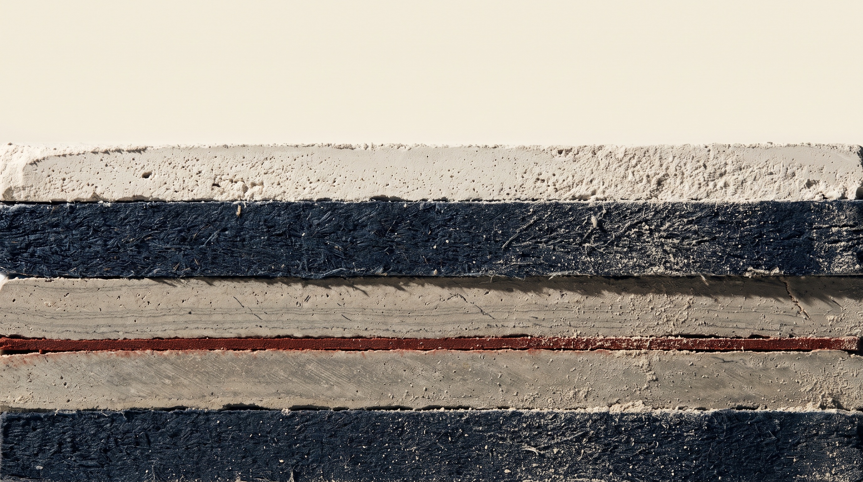A clean cross-section through five stacked layers of stone and pressed board, lit from the side, with a single scarlet seam running between the strata.
