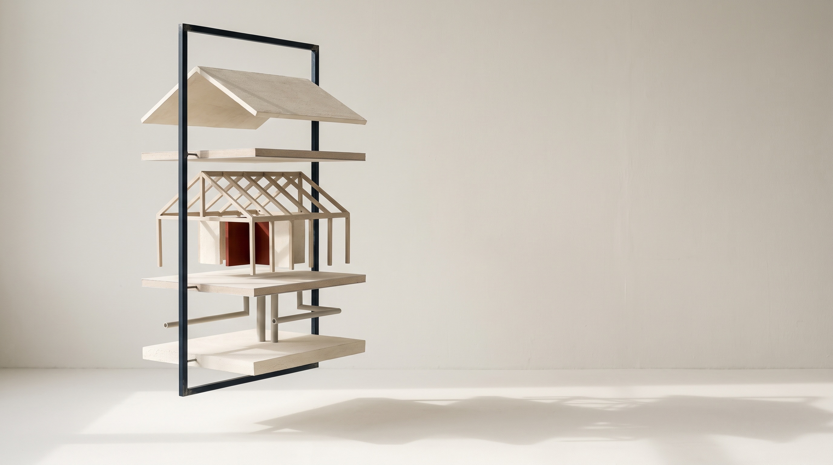An architectural study model of a building taken apart into separated horizontal layers … roof, floor slabs, structural frame and services … suspended in a steel armature, with one interior component finished in scarlet.