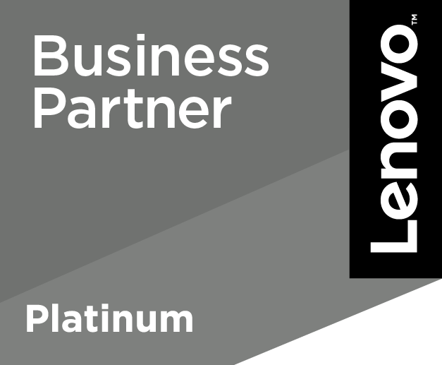 Sello de socio comercial Platinum de Lenovo con fondo gris y texto blanco.