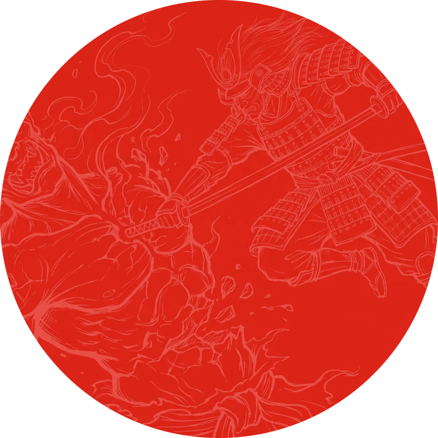 Outline of a samurai in armor striking a fiery demon with a sword inside a red circle.