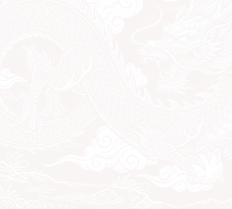 Intricate white dragon illustration with scales, claws, and swirling clouds on a red textured background.