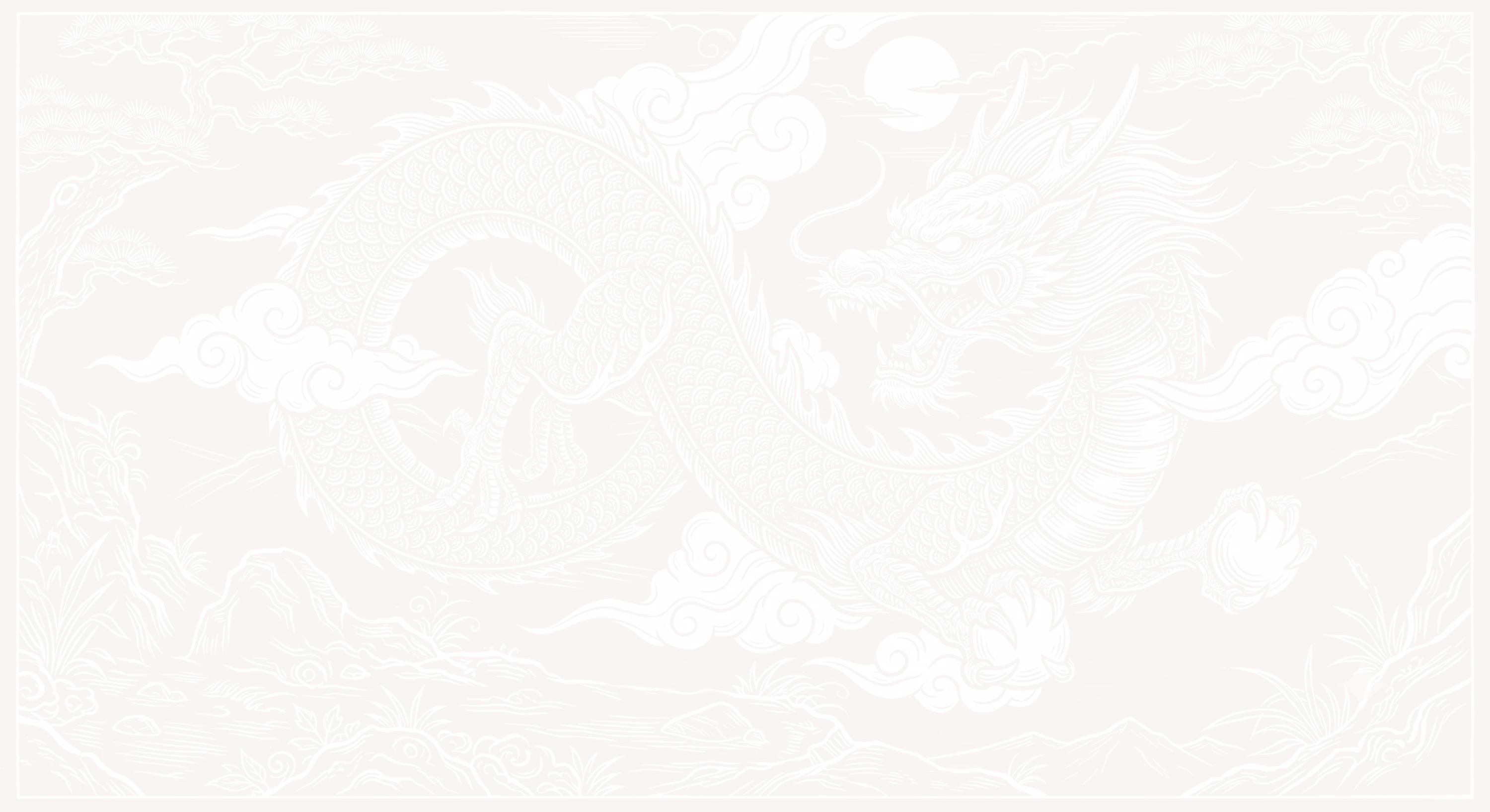 White detailed dragon with claws and flames flying over rocks and plants on a red background.