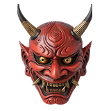 Red demon mask with yellow eyes, sharp teeth, and two curved horns.