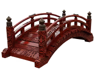 Ornate red wooden arch bridge with decorative posts and carved patterns.