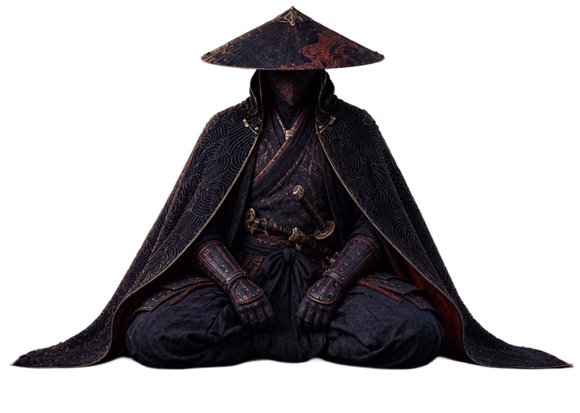 Seated figure in dark samurai armor with detailed cloak and conical hat, holding two swords.