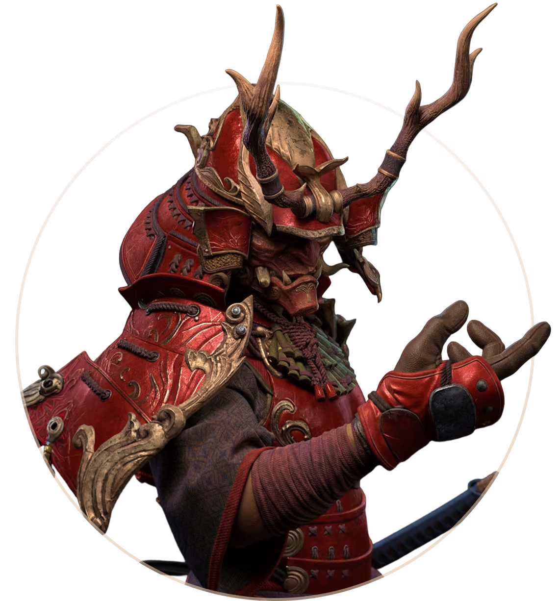 Samurai warrior wearing ornate red armor and helmet with antler-like decorations, hand raised.