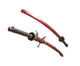 Katana sword with a slightly curved red blade and a black and red wrapped handle.
