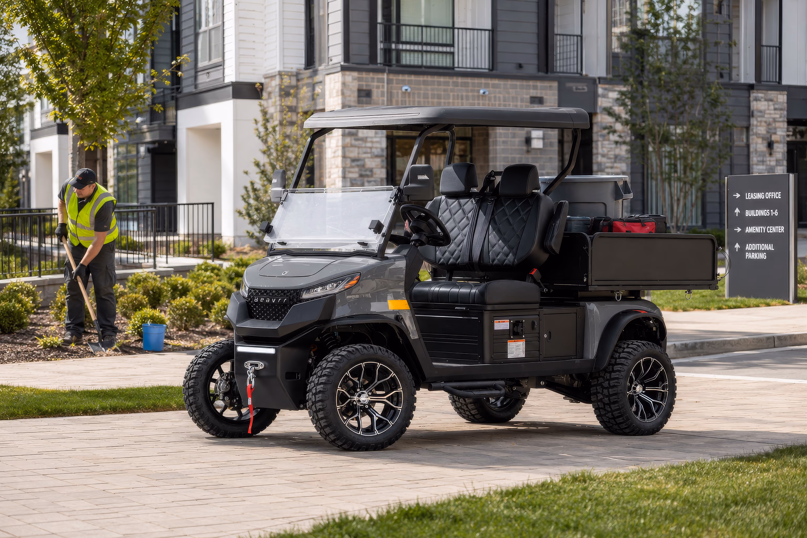 Beavrr Scout 2-seat electric utility vehicle on campus grounds