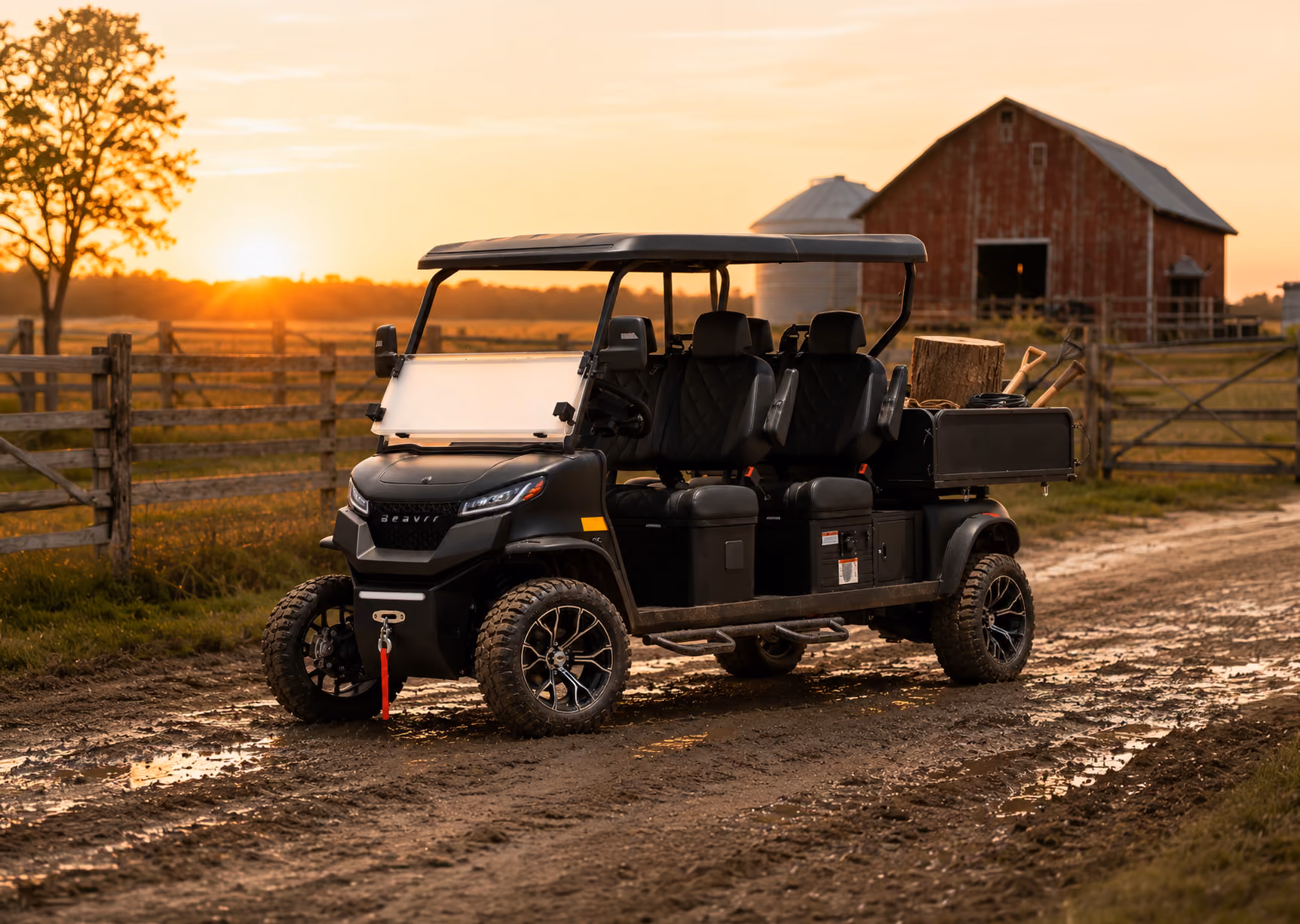 Beavrr Outpost 4-seat electric utility vehicle on a farm property