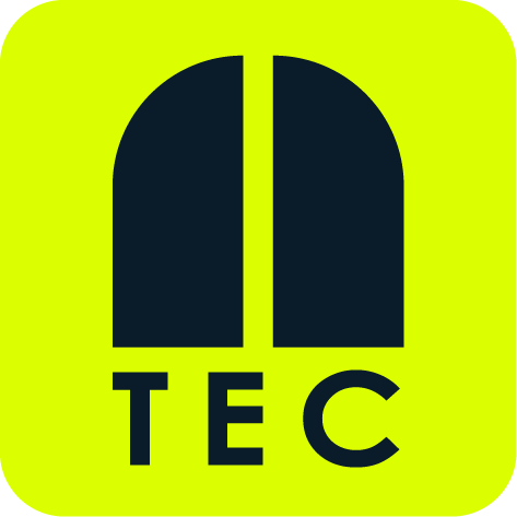 Black TEC letters under a stylized black shape on a neon yellow square background.