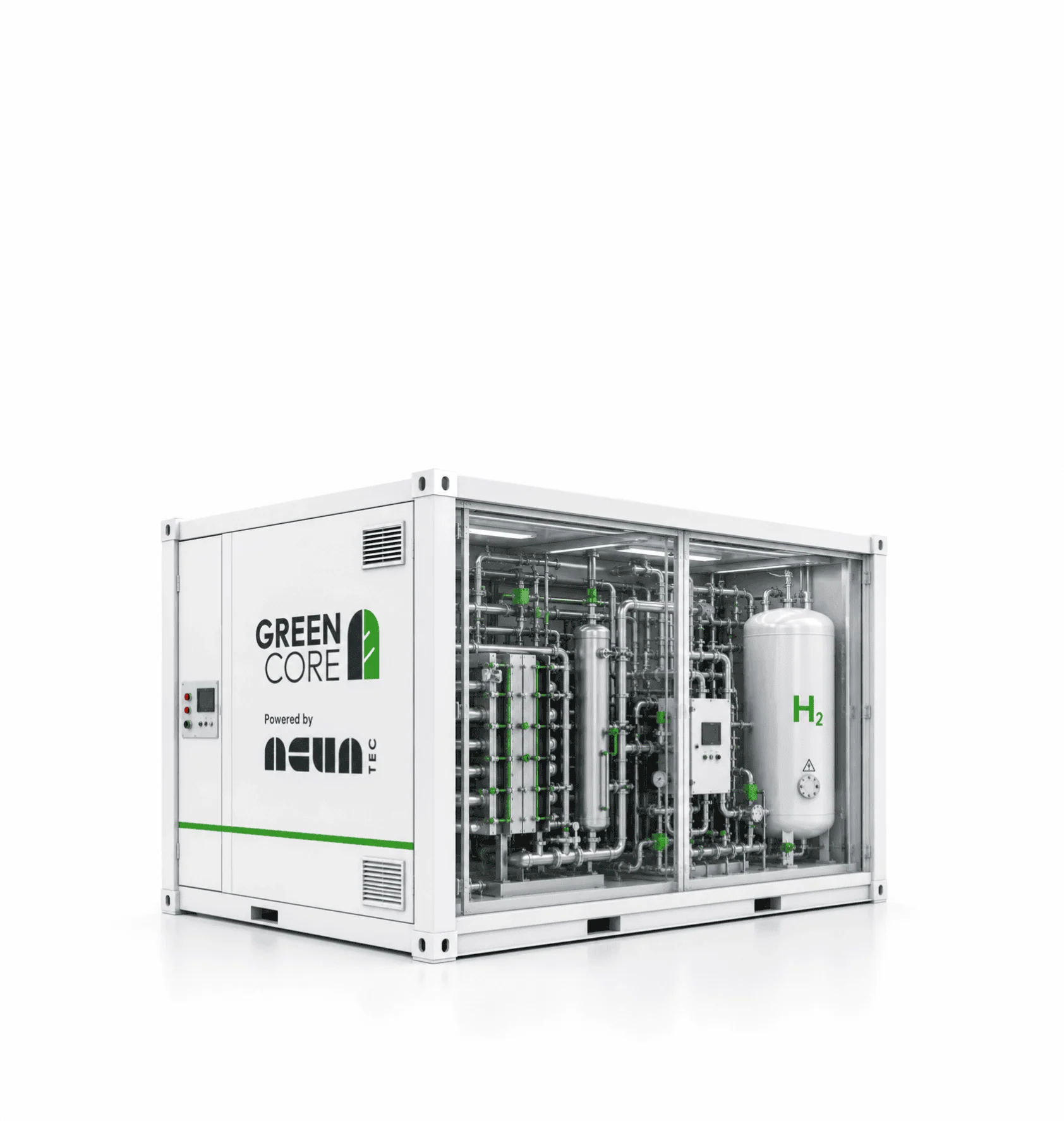 White industrial container labeled Green Core showing internal pipes and H2 tank for hydrogen production.