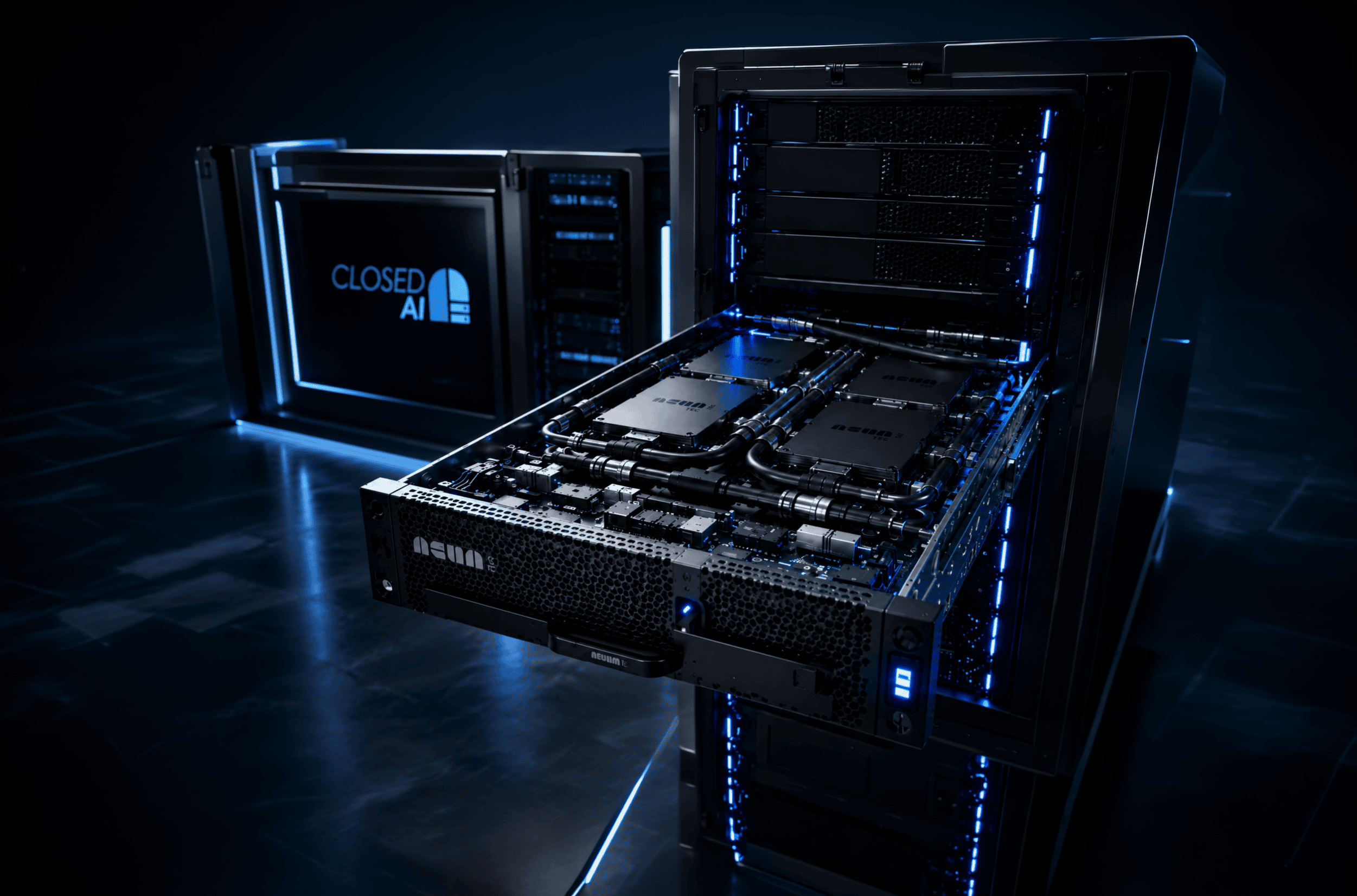 Open server rack with illuminated components and tubes in a dark room with blue lighting.