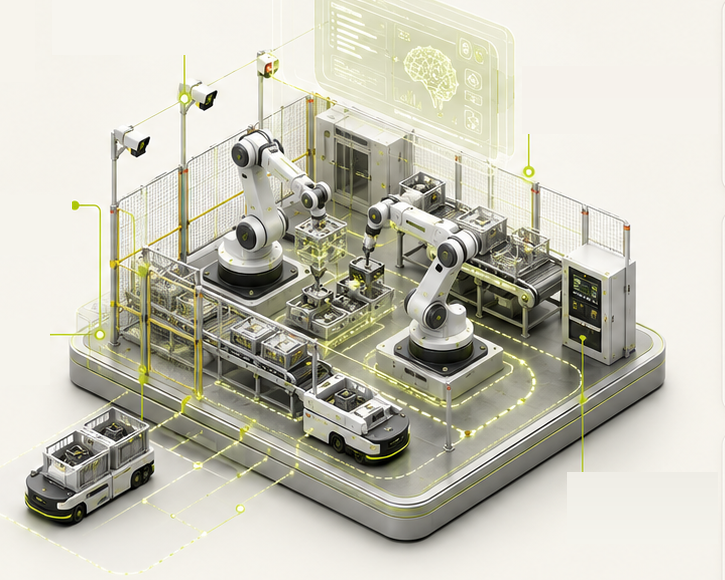 Isometric robotic work cell with robot arms, conveyors and AGVs