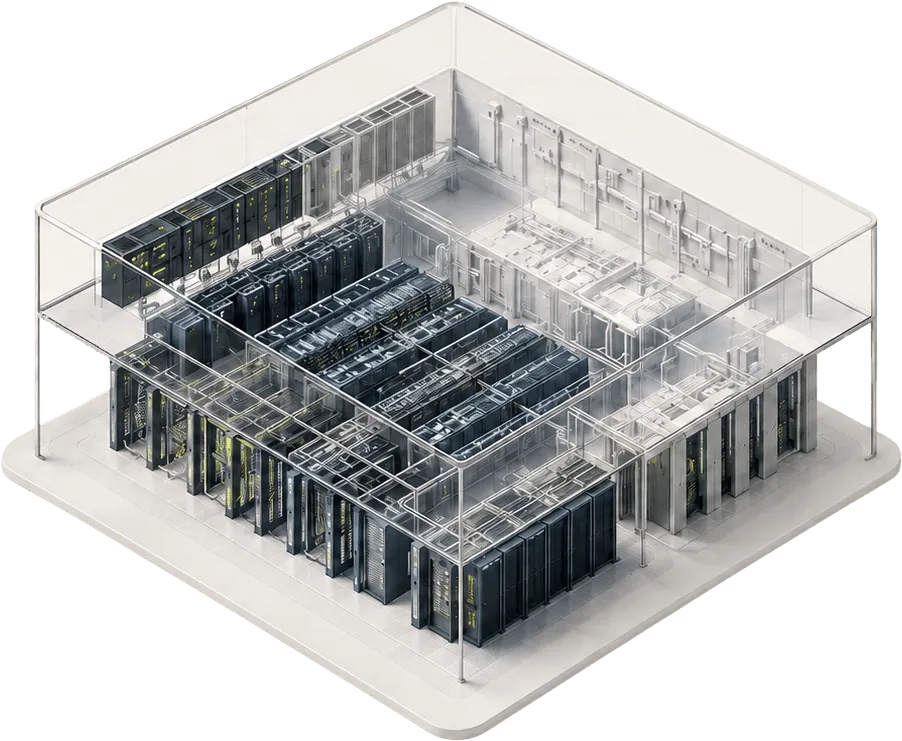 Isometric data center illustration with transparent server halls