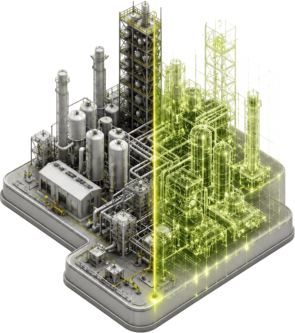 Isometric industrial plant transitioning into digital twin wireframe