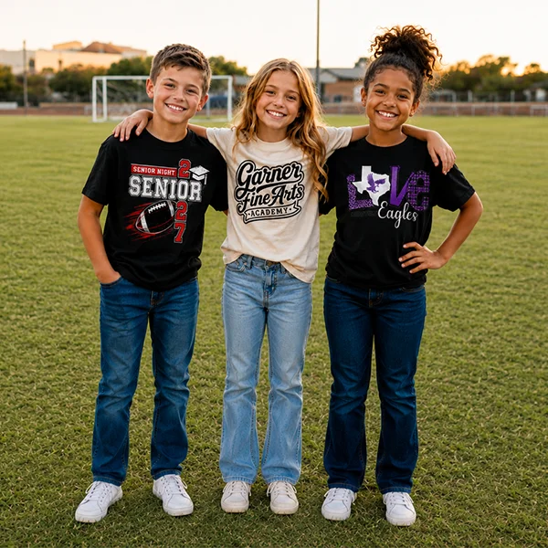 Kids laughing together in bright custom t-shirts