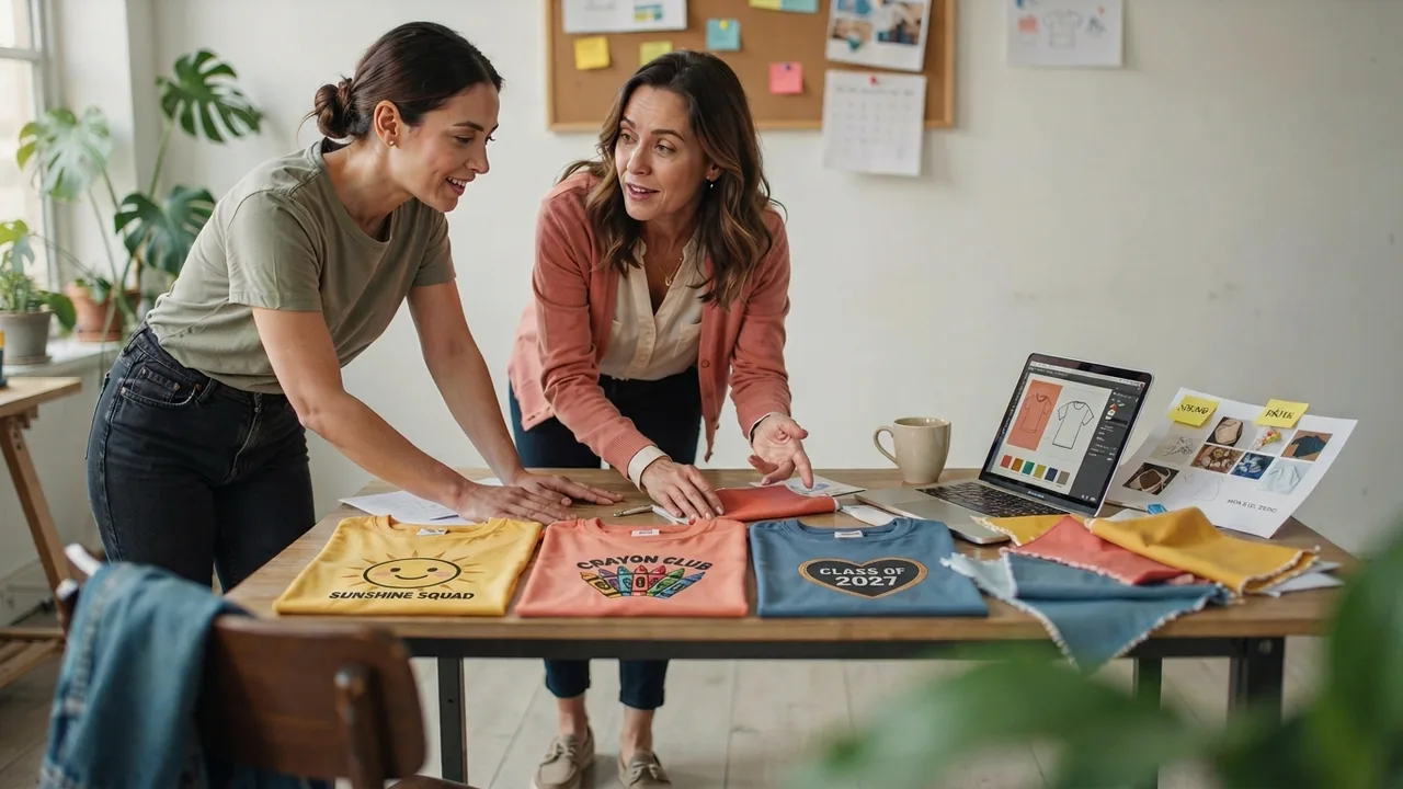 Designer and customer reviewing colorful t-shirt mockups at a worktable
