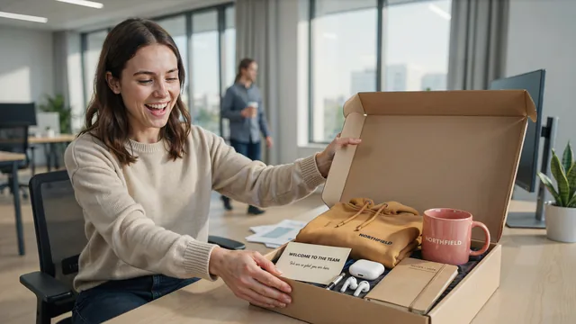 Employee opening a branded welcome kit gift box