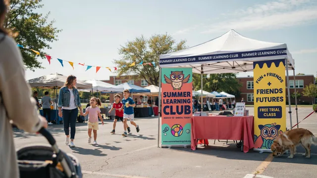 Colorful banner stands and branded canopy tent at a school fair