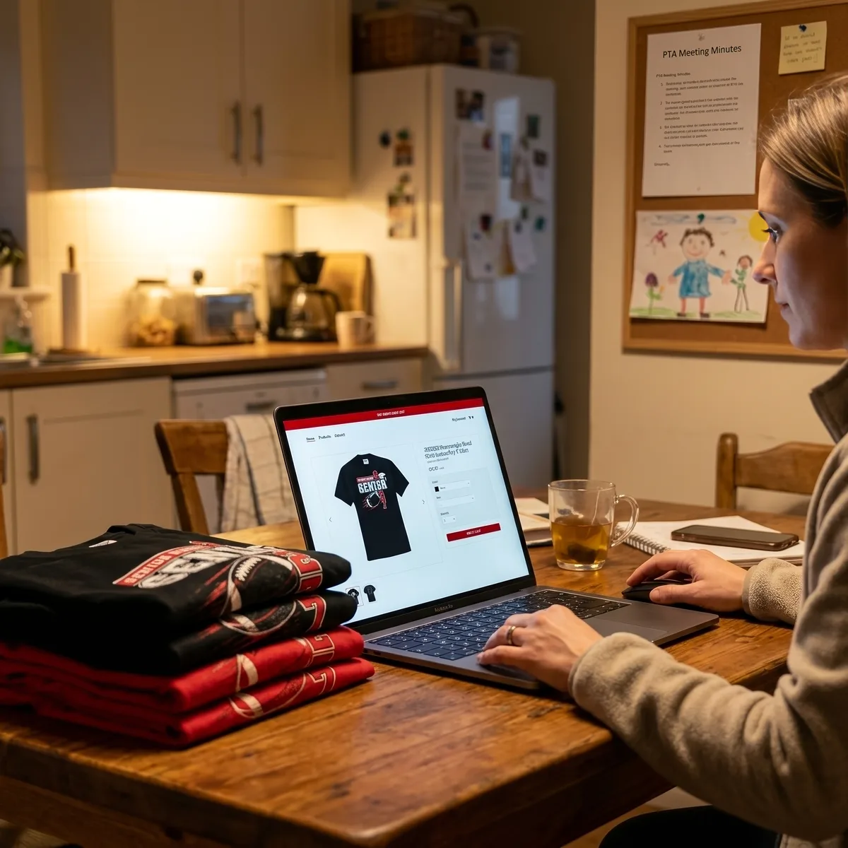 Person shopping online for t-shirts on a laptop at a wooden kitchen table with folded shirts nearby.