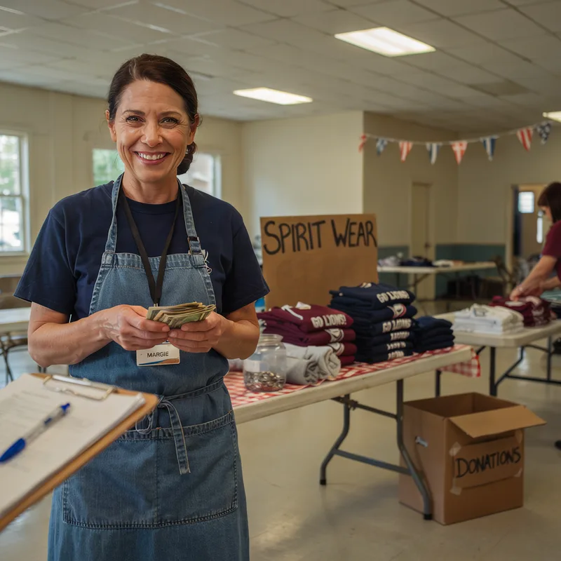 Woman in apron counting money at a spirit wear table with folded shirts and donation box in a hall.