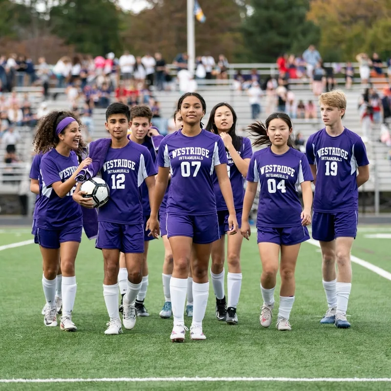Teen soccer team in purple Westridge Intramurals uniforms walking on field together.