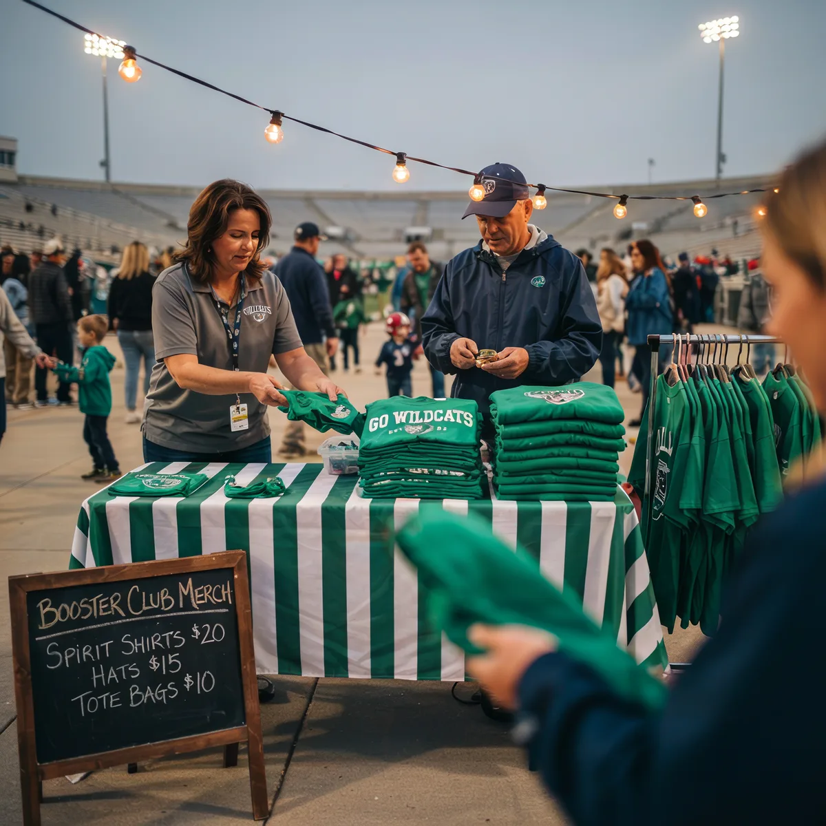 People selling green Wildcats spirit shirts and hats at an outdoor booth with string lights.