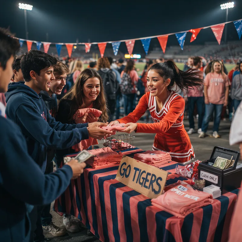 Cheerleader selling pink shirts with a Go Tigers sign to excited students at a nighttime sports event.