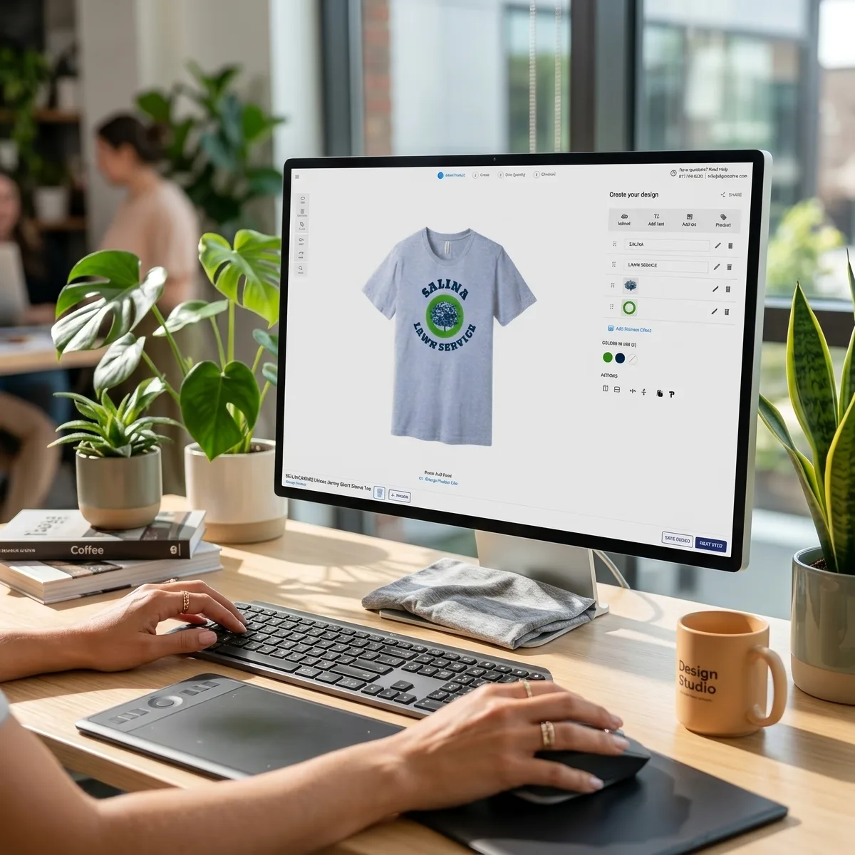 Person designing a T-shirt with 'Salina Lawn Service' on a computer at a desk with plants and books.