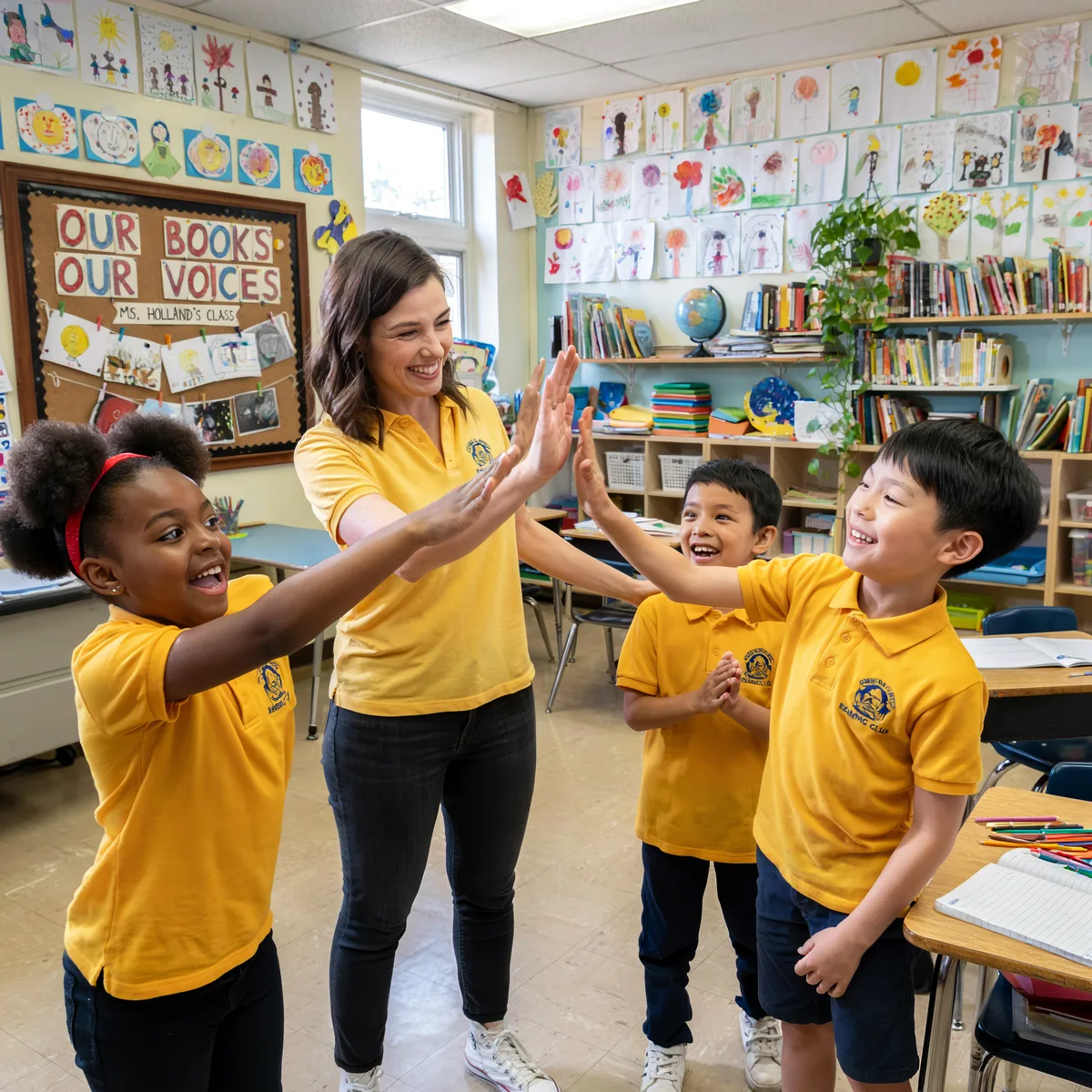 Teacher and three students in yellow shirts giving high fives and smiling in a colorful classroom.