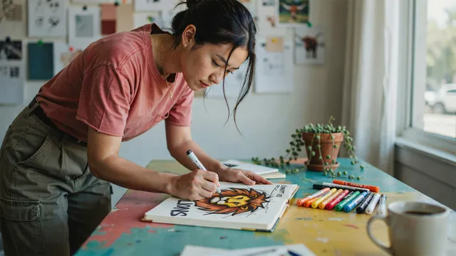 Woman leaning over a table drawing a colorful lion illustration with markers nearby in a sunlit room.