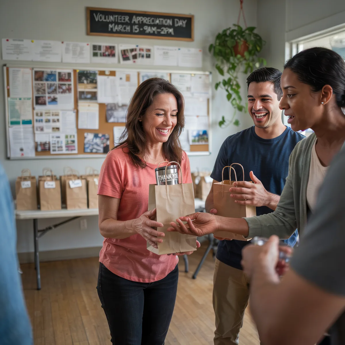 Three volunteers exchanging brown paper bags during a Volunteer Appreciation Day event indoors.