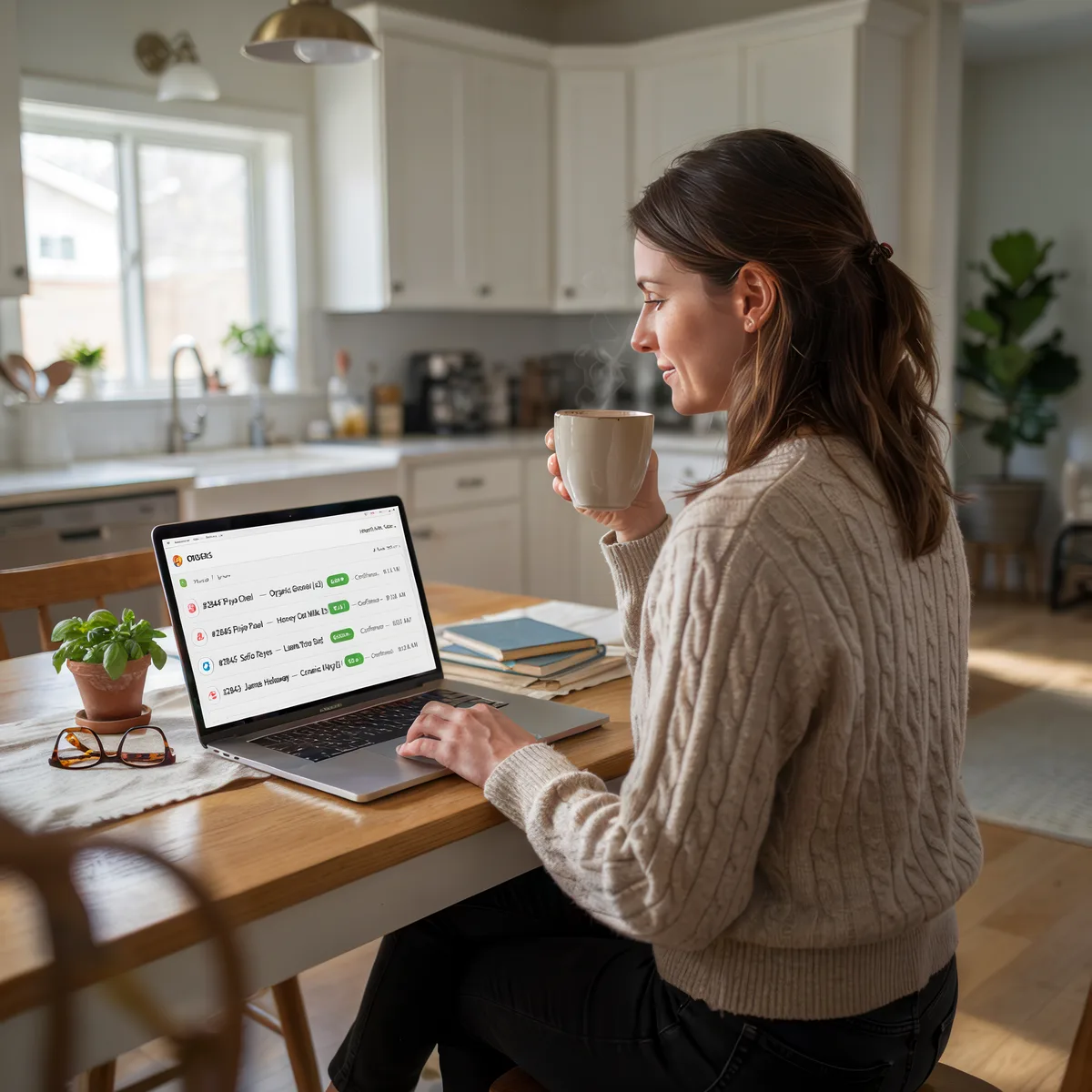 Woman in sweater drinking coffee while working on a laptop at a kitchen table.