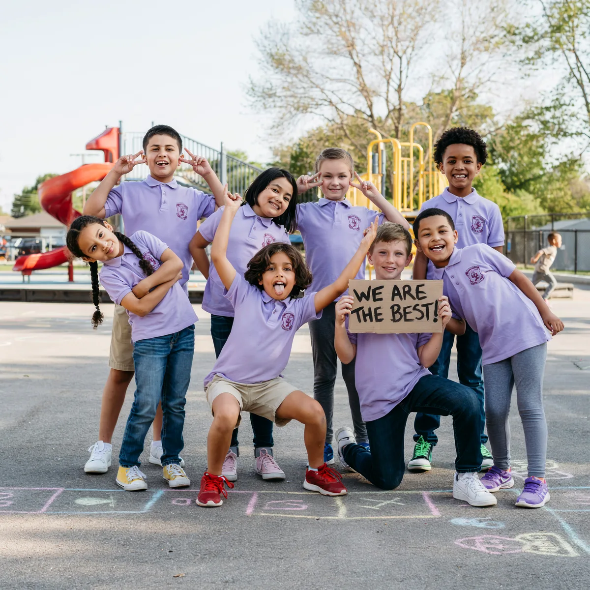 Group of diverse children in purple school shirts posing happily on playground, one holding a sign saying WE ARE THE BEST