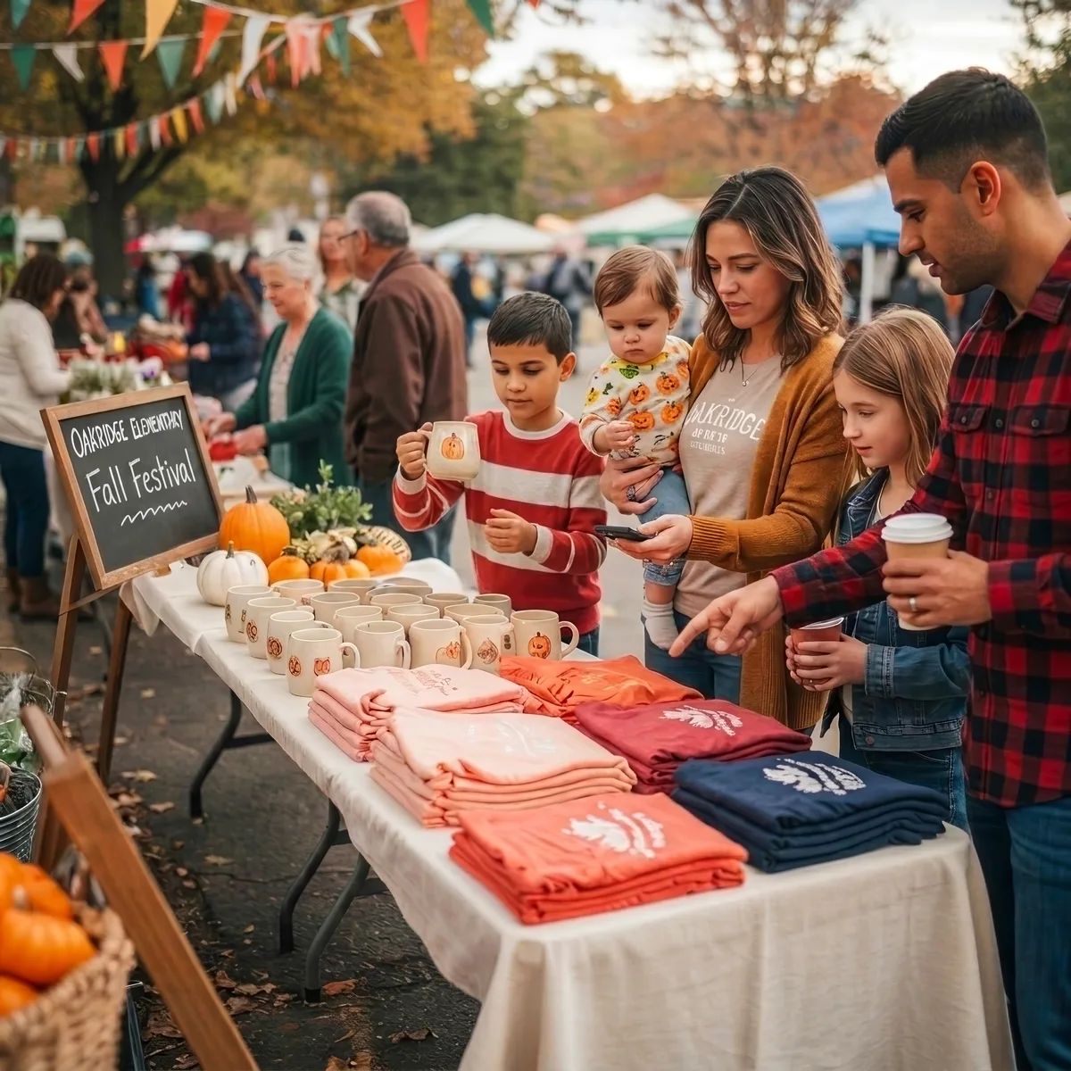 Family browsing mugs and shirts at Oakridge Elementary Fall Festival outdoor market in autumn.