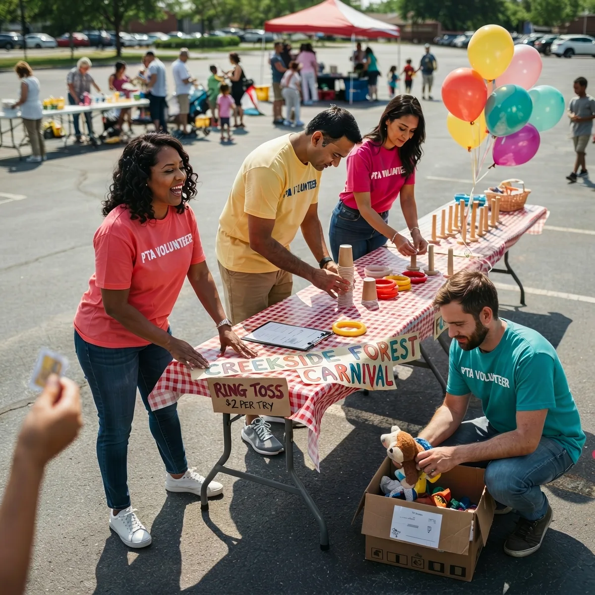 PTA volunteers run a ring toss game at outdoor Creekside Forest Carnival with balloons and toys.