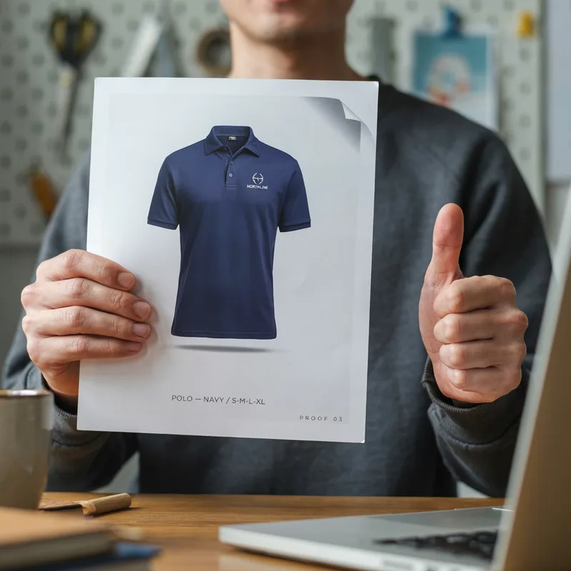 Person holding a paper showing a navy polo shirt design and giving a thumbs up.