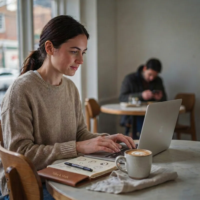 Woman in beige sweater working on laptop at a cafe table with coffee and notebook.