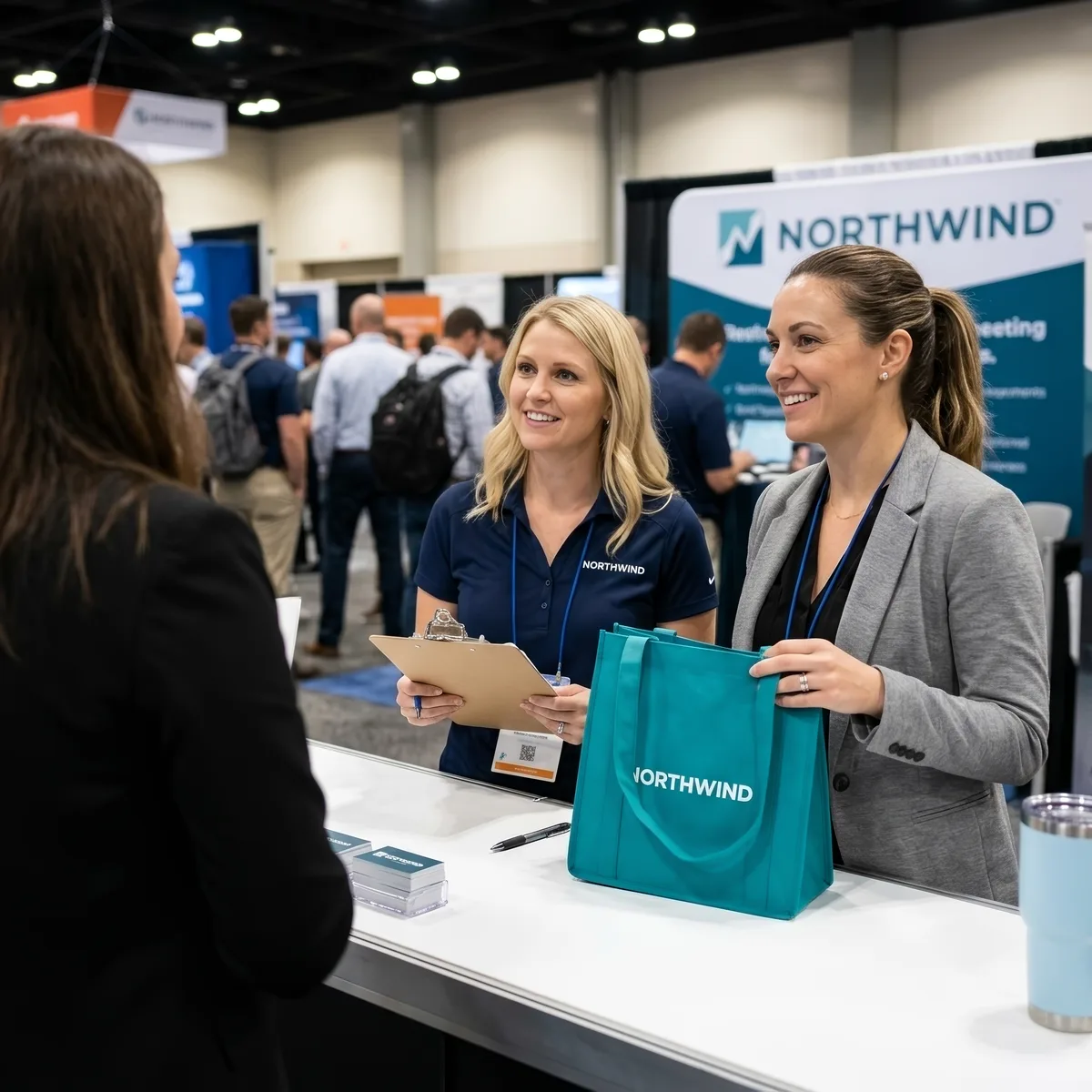 Two smiling women at a trade show booth holding a clipboard and a branded Northwind bag.